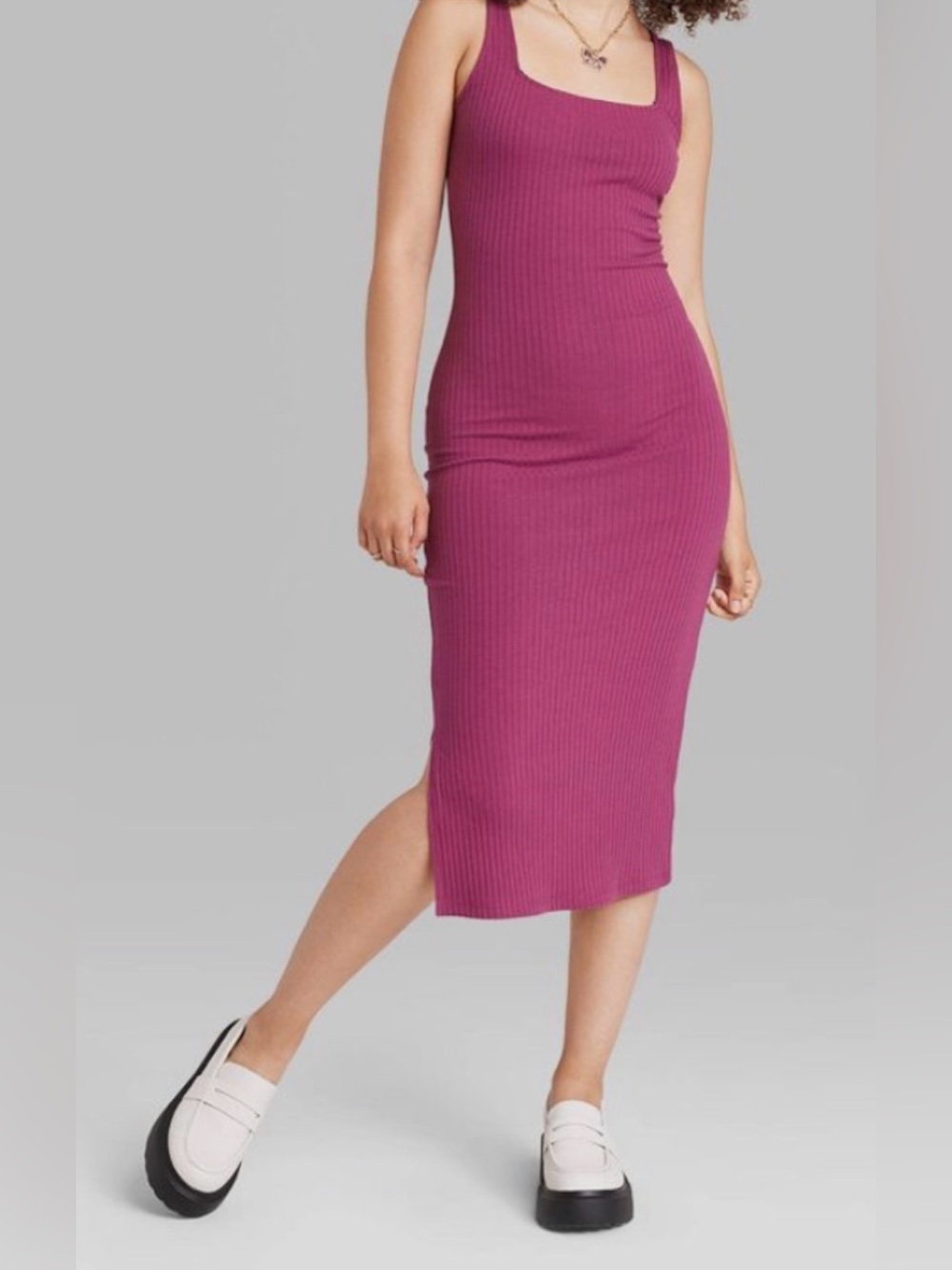 Small wild fable ribbed berry purple square neck midi dress stretch + side slit